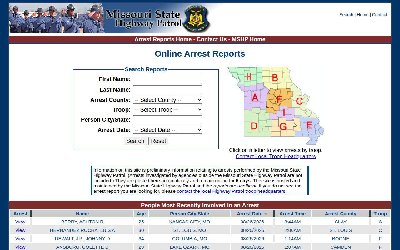 Harrison County arrest record lookup in the Missouri State Highway Patrol search